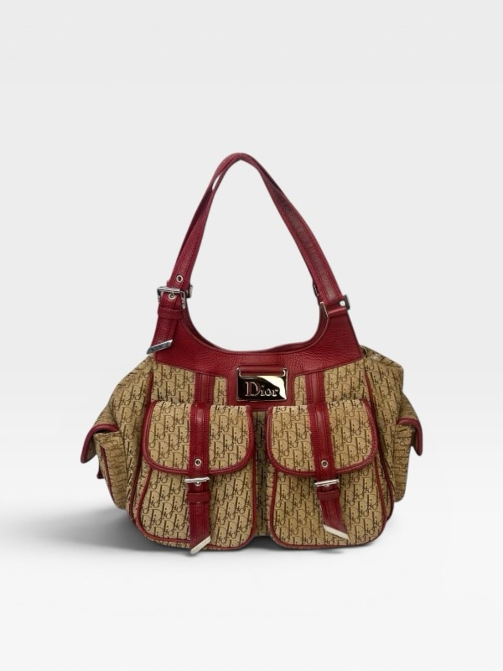 Dior Trotter Red Leather Trim Beige Logo Canvas Shoulder Bag